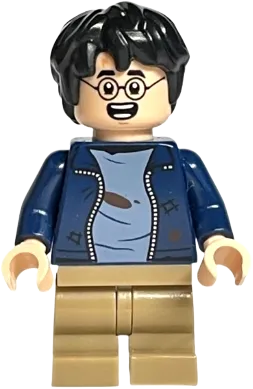 Harry Potter - Dark Blue Open Jacket with Tears and Blood Stains, Dark Tan Medium Legs, Smile / Open Mouth with Teeth minifigure