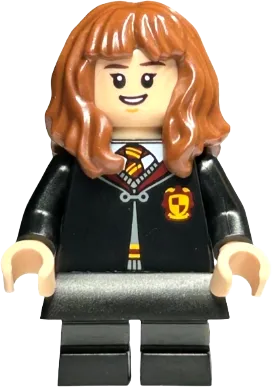 Hermione Granger - Gryffindor Robe Clasped, Black Skirt, Black Short Legs with Dark Bluish Gray Stripes, Open Mouth Smile / Confused minifigure