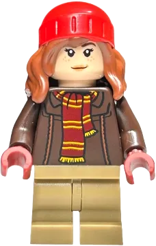 Hermione Granger - Reddish Brown Jacket with Dark Red Scarf, Dark Tan Medium Legs, Reddish Brown Hair with Red Beanie minifigure