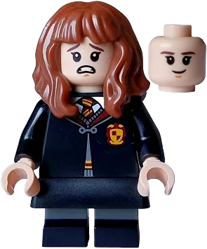 Hermione Granger - Gryffindor Robe Clasped, Black Skirt, Black Short Legs with Dark Bluish Gray Stripes, Open Mouth Scared / Closed Mouth Grin minifigure