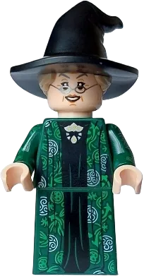 Professor Minerva McGonagall - Dark Green Robe over Black Dress, Hat with Hair, Printed Arms minifigure