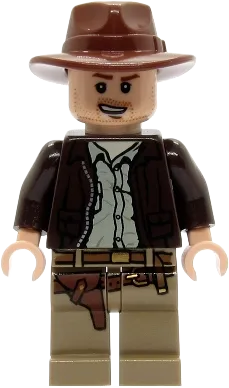 Indiana Jones - Dark Brown Jacket, Reddish Brown Fedora, Open Mouth Lopsided Grin minifigure
