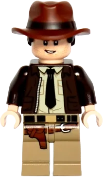 Indiana Jones - Dark Brown Jacket, Black Tie, Reddish Brown Dual Molded Hat with Hair, Light Nougat Hands minifigure