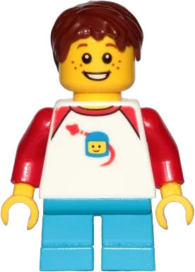 Boy - Freckles, Classic Space Shirt with Red Sleeves, Dark Azure Short Legs, Reddish Brown Hair Short Tousled with Side Part minifigure