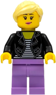 Woman - Black Leather Jacket, Medium Lavender Legs, Bright Light Yellow Hair minifigure