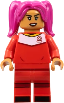 Soccer Player - Female, Red Uniform, Medium Nougat Skin, Magenta Hair minifigure