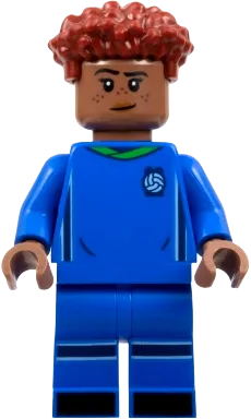 Soccer Player - Female, Blue Uniform, Medium Brown Skin, Dark Red Hair minifigure