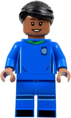 Soccer Player - Female, Blue Uniform, Medium Brown Skin, Black Hair, Hearing Aid minifigure
