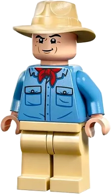 Dr. Alan Grant - Medium Blue Shirt with Pockets with Black Buttons Outline, Tan Fedora minifigure