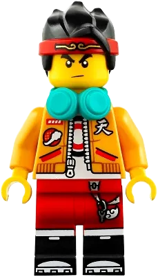 Monkie Kid - Bright Light Orange Open Jacket, Dark Turquoise Headphones, Neutral / Angry with Red Face Paint minifigure