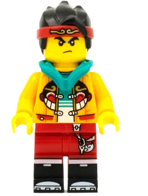 Monkie Kid - Bright Light Orange Open Jacket with Monkey Head Logo, Dark Turquoise Hood, Angry / Smile with Red Face Paint minifigure