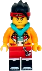 Monkie Kid - Bright Light Orange Open Jacket with Monkey Head Logo, Dark Turquoise Hood, Gold Eyes minifigure