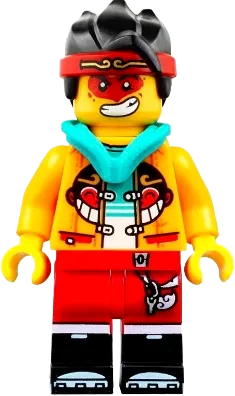 Monkie Kid - Bright Light Orange Open Jacket with Monkey Head Logo, Dark Turquoise Hood, Neutral / Angry with Red Face Paint minifigure