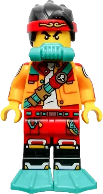 Monkie Kid - Bright Light Orange Open Jacket with Shoulder Strap, Dark Turquoise Scuba Breathing Regulator and Flippers, Frown minifigure
