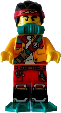 Monkie Kid - Bright Light Orange Open Jacket with Shoulder Strap, Dark Turquoise Scuba Breathing Regulator and Flippers, Open Mouth minifigure