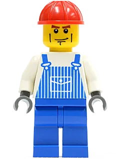 Overalls Striped Blue - Pocket, Blue Legs, Red Construction Helmet, Cheek Lines, Dark Bluish Gray Hands minifigure