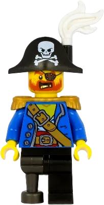 Pirate Captain - Bicorne Hat with Skull and White Plume, Pearl Gold Epaulettes, Blue Open Coat, Black Leg and Pearl Dark Gray Peg Leg minifigure