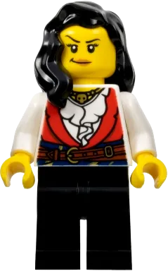 Pirate - Female, Black Legs, Red Vest over White Shirt, Black Hair minifigure