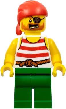Pirate - Male, Red Bandana, White Shirt with Red Stripes, Green Legs, Eyepatch minifigure