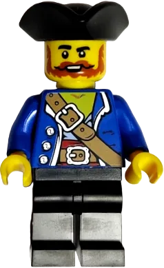 Pirate - Male, Black Tricorne, Dark Orange Beard and Moustache, Blue Open Jacket, Dark Tan Belt, Black Legs minifigure