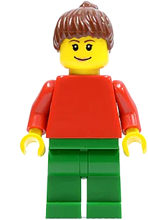 Plain Red Torso - Red Arms, Green Legs, Reddish Brown Ponytail Hair, Eyebrows minifigure