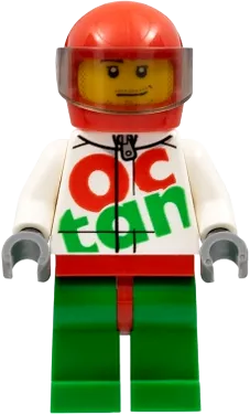 Race Car Driver - White Octan Race Suit with Silver Zipper, Red Helmet with Trans-Brown Visor, Crooked Smile, Stubble Beard minifigure