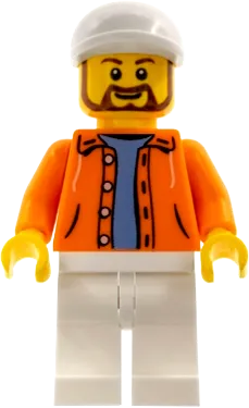 Hot Dog Vendor - Orange Jacket Hoodie over Medium Blue Sweater, White Legs, White Short Bill Cap, Beard minifigure