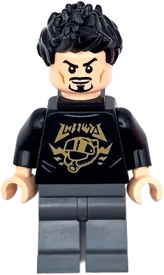 Tony Stark - Black Shirt with Gold Helmet, Pin Holder on Back minifigure