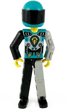 Technic Figure Black/Light Gray Legs - Dark Turquoise Torso with Yellow, Black, Silver Pattern, Light Gray Mechanical Left Arm, Dark Turquoise Helmet minifigure