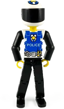Technic Figure Black Legs - White Top with Police Logo, Black Arms, White Helmet, Black Visor minifigure