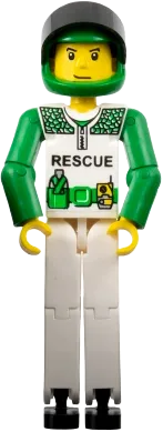 Technic Figure White Legs - White Torso with Black 'RESCUE' and Green Belt, Green Arms, Green Helmet, Black Visor, Without Sticker minifigure