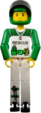 Technic Figure White Legs - White Torso with Black 'RESCUE' and Green Belt, Green Arms, Green Helmet, Black Visor, With Sticker minifigure