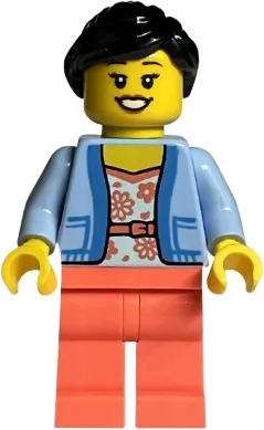 LEGO Store Customer - Female, Bright Light Blue Jacket over White Shirt with Coral Flowers, Coral Legs, Black Ponytail minifigure