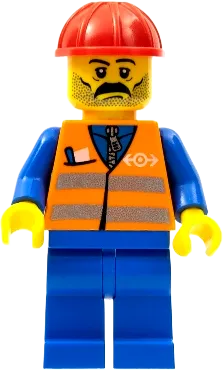 Orange Vest - Safety Stripes, Blue Legs, Moustache, Red Construction Helmet minifigure