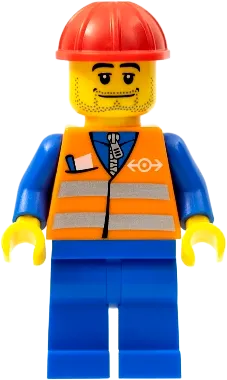 Orange Vest - Safety Stripes, Blue Legs, Beard Stubble, Red Construction Helmet minifigure