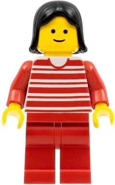 Horizontal Lines Red - Red Arms, Red Legs, Black Female Hair minifigure