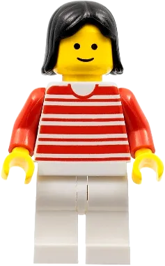 Horizontal Lines Red - Red Arms, White Legs, Black Female Hair minifigure