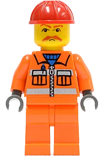 Orange Vest - Safety Stripes, Orange Legs, Red Construction Helmet, Brown Moustache, Dark Bluish Gray Hands minifigure