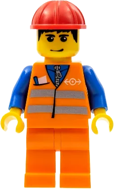 Orange Vest - Safety Stripes, Orange Legs, Red Construction Helmet, Black Hair, Eyebrows, and Smirk minifigure
