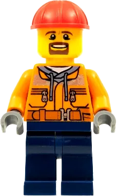 Forklift Driver - Male, Orange Safety Jacket, Reflective Stripe, Sand Blue Hoodie, Dark Blue Legs, Red Construction Helmet, Goatee minifigure