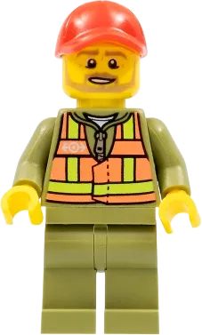 Train Driver - Orange Safety Vest with Lime Straps, Olive Green Legs, Red Cap with Hole, Beard Dark Tan Angular minifigure