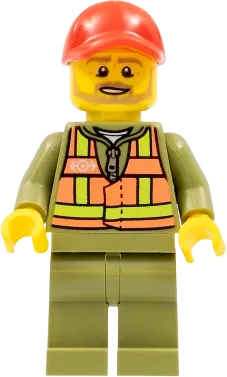 Train Driver - Orange Safety Vest with Lime Straps, Olive Green Legs, Red Cap with Hole, Beard Dark Tan Angular minifigure