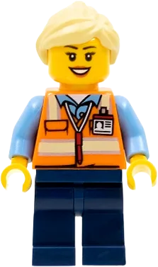 Train Worker - Female, Orange Safety Vest with Badge, Dark Blue Legs, Bright Light Yellow Ponytail and Swept Sideways Fringe minifigure
