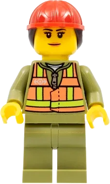Train Worker - Female, Orange Safety Vest with Lime Straps, Olive Green Legs, Red Construction Helmet with Dark Brown Ponytail Hair minifigure