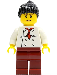 Chef - White Torso with 8 Buttons, Dark Red Legs, Black Ponytail Hair minifigure