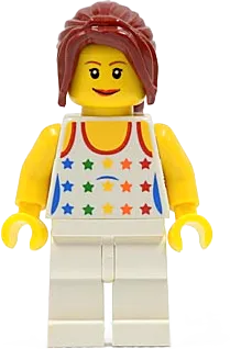 Shirt - Female Rainbow Stars Pattern, White Legs, Dark Red Hair Ponytail Long with Side Bangs minifigure