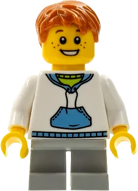 White Hoodie - Blue Pockets, Light Bluish Gray Short Legs, Dark Orange Short Tousled Hair minifigure