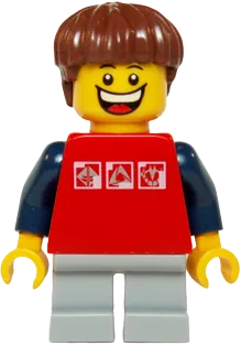 Red Shirt - 3 Silver Logos, Dark Blue Arms, Light Bluish Gray Short Legs, Reddish Brown Hair minifigure