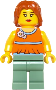 Orange Halter Top - Medium Blue Trim and Flowers Pattern, Sand Green Legs, Dark Orange Hair minifigure