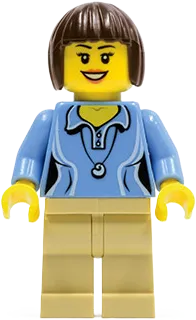 Medium Blue Female Shirt - Two Buttons and Shell Pendant, Tan Legs, Dark Brown Bob Cut Hair minifigure